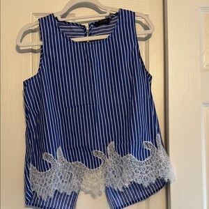 Blue Striped Lace Hem Women's Top